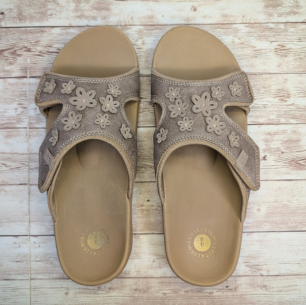 Revitalign Kholo Hampton "Bronze" Tan Velcro Strap Open Toe Slide Sandals 10 - Picture 7 of 13